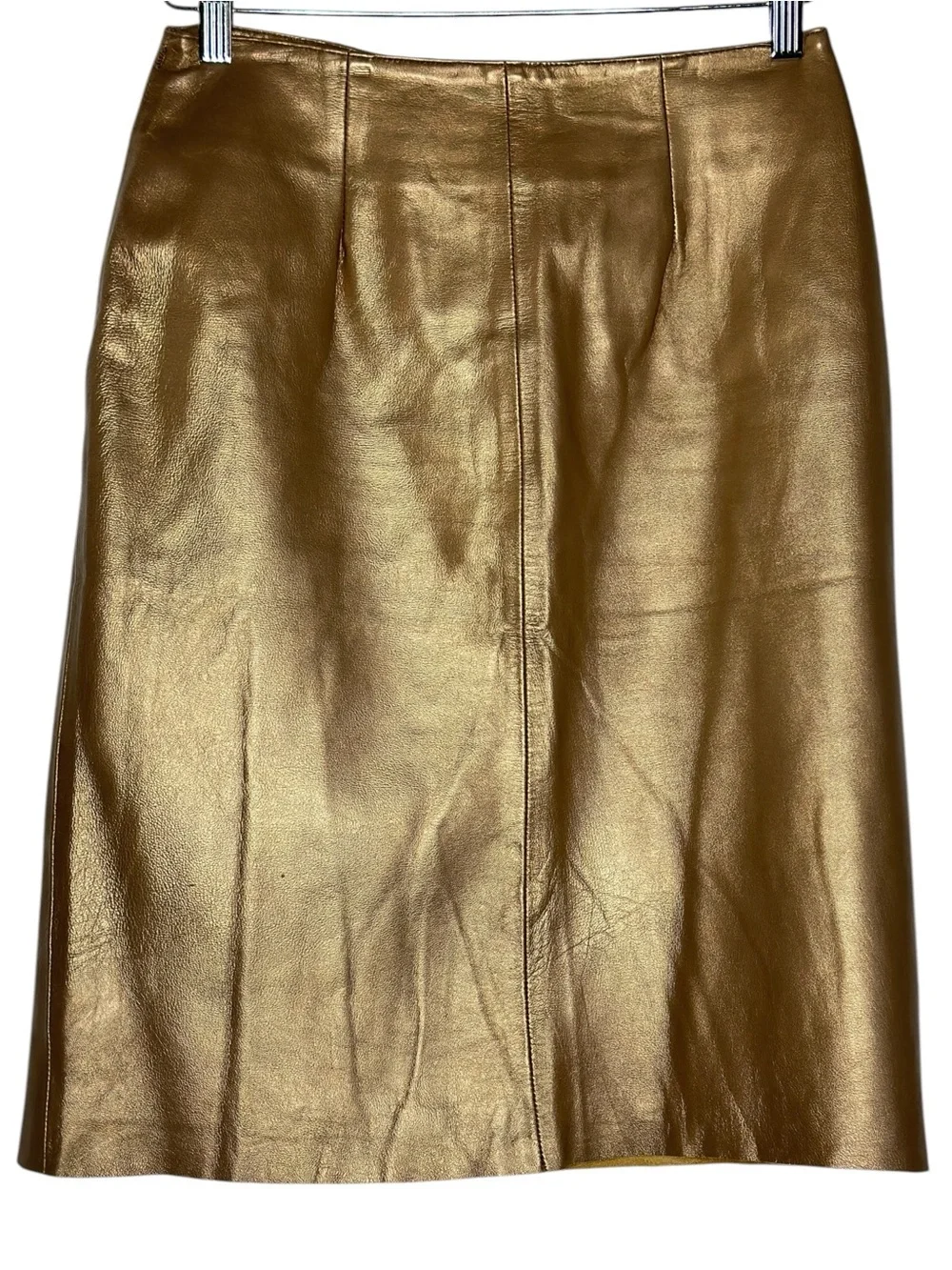 Margaret Godfrey Genuine Leather Metallic Gold A-Line Midi Skirt Glam Statement